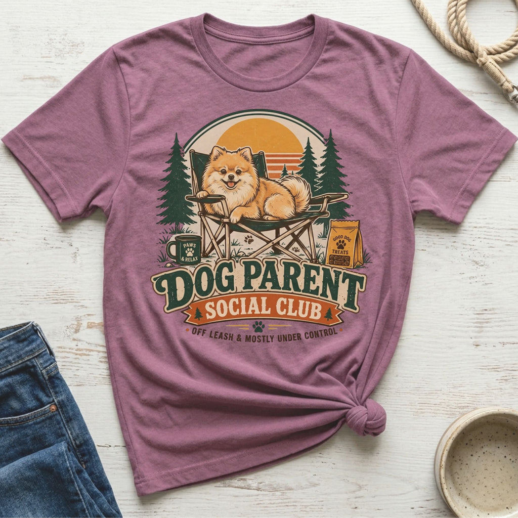 Pomeranian on camping chair with "Dog Parent Social Club" text and design.