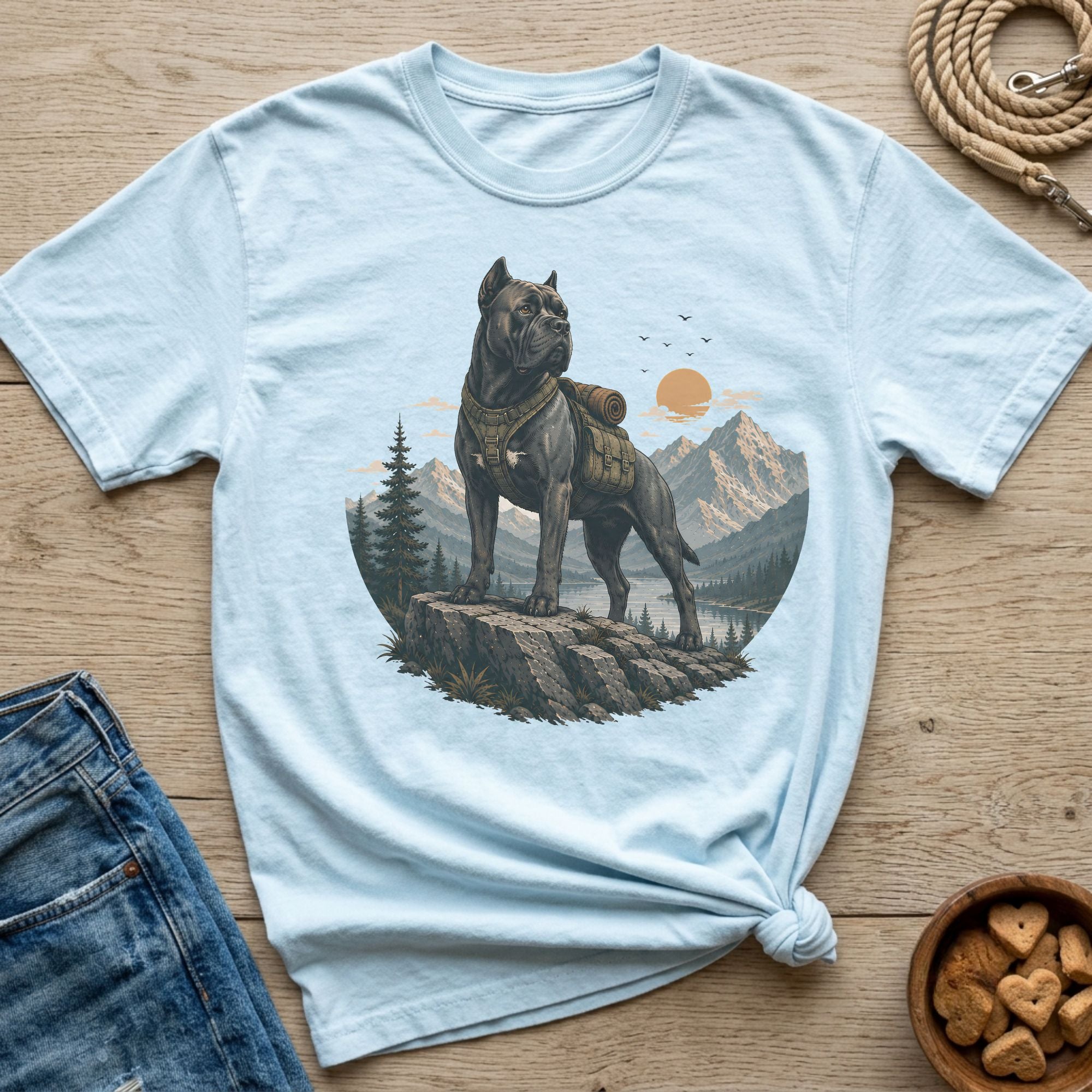 Light blue t-shirt with graphic of a dog wearing a backpack on a mountain overlook.