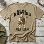 Bulldog in hunting vest with rifle, "Gone Hunting Dog House Hunt Club" text.