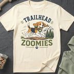 Beagle dog running with stick on shirt with text "Trailhead Zoomies"