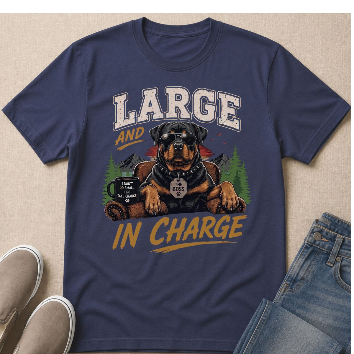 Rottweiler wearing sunglasses with text "Large and In Charge" and "The Boss".