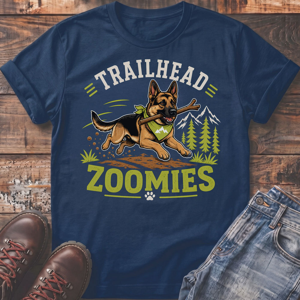 German Shepherd with stick on shirt with text "TRAILHEAD ZOOMIES"