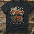 Dog Dad Department graphic with a dachshund, leash, tennis ball, and toolbox.