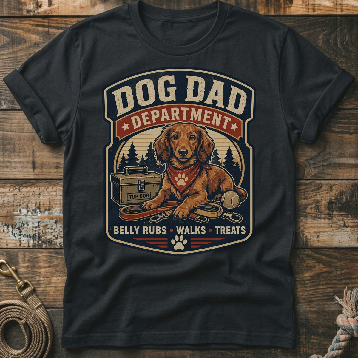 Dog Dad Department graphic with a dachshund, leash, tennis ball, and toolbox.
