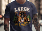 Boxer dog in sunglasses with "Large and In Charge" text and coffee mug.