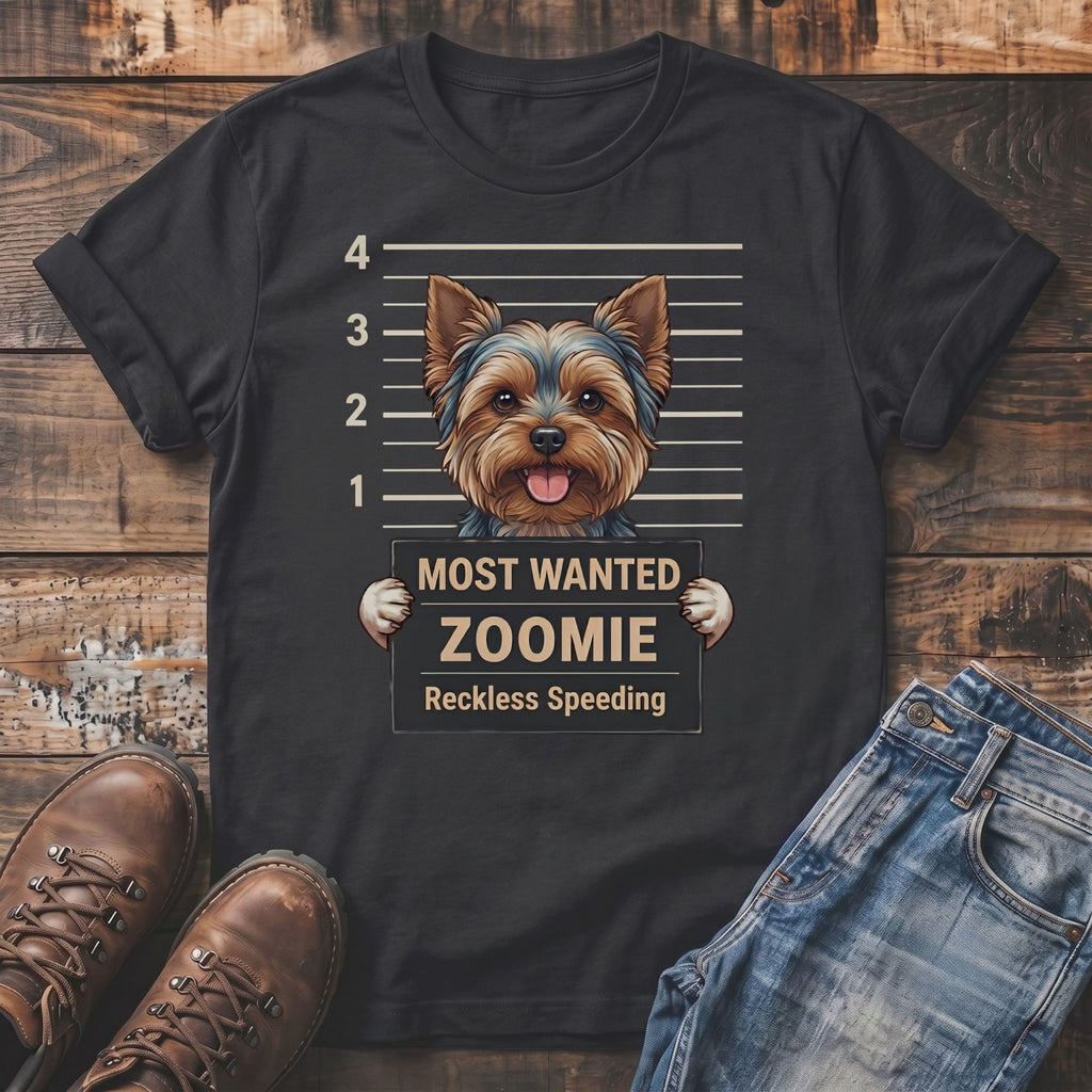 Yorkshire Terrier mugshot t-shirt with text "Most Wanted Zoomie Reckless Speeding."