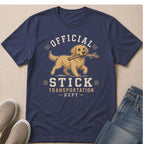 Navy t-shirt with a Golden Retriever carrying a stick and text "Official Stick Transportation Dept."