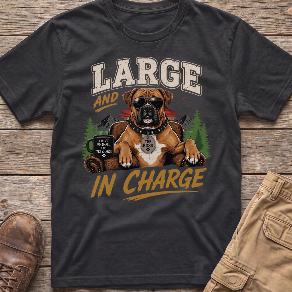 Boxer dog wearing sunglasses and "The Boss" tag, with text "Large And In Charge".