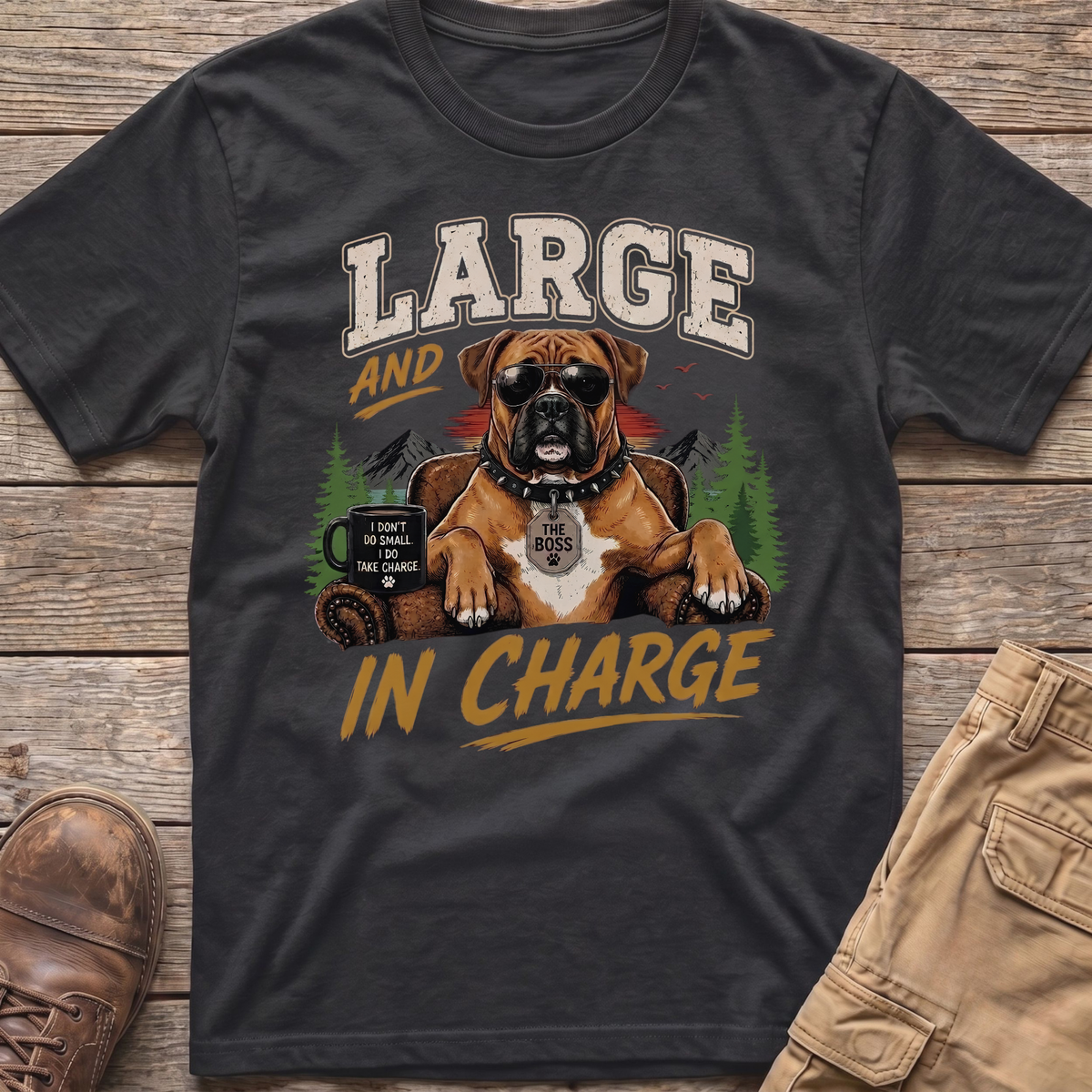 Boxer dog wearing sunglasses and "The Boss" tag, with text "Large And In Charge".