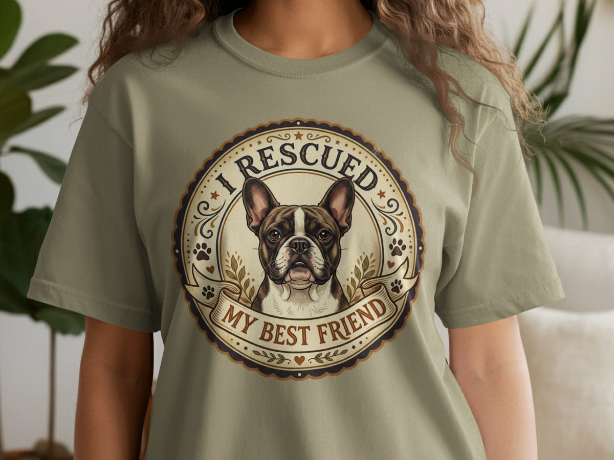 French bulldog design on a tan t-shirt with text "I RESCUED MY BEST FRIEND".