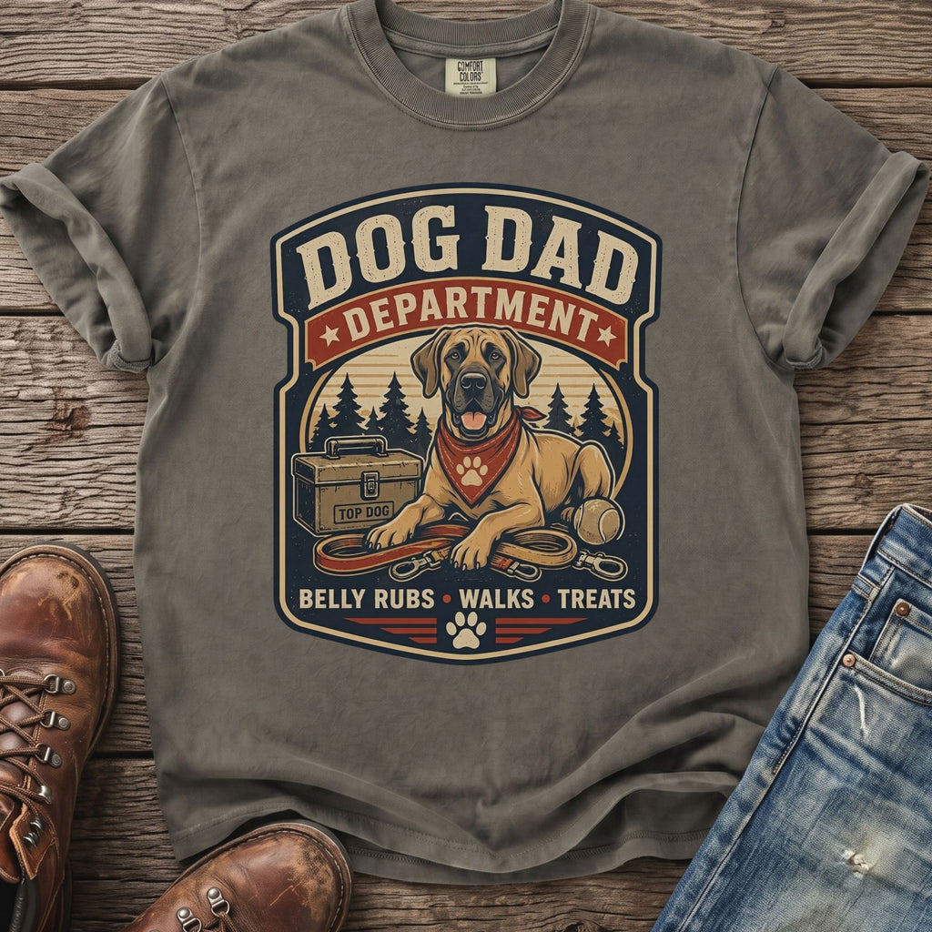 Grey t-shirt with "Dog Dad Department" graphic featuring a dog, leash, and tennis ball.