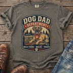 Grey t-shirt with "Dog Dad Department" graphic featuring a dog, leash, and tennis ball.