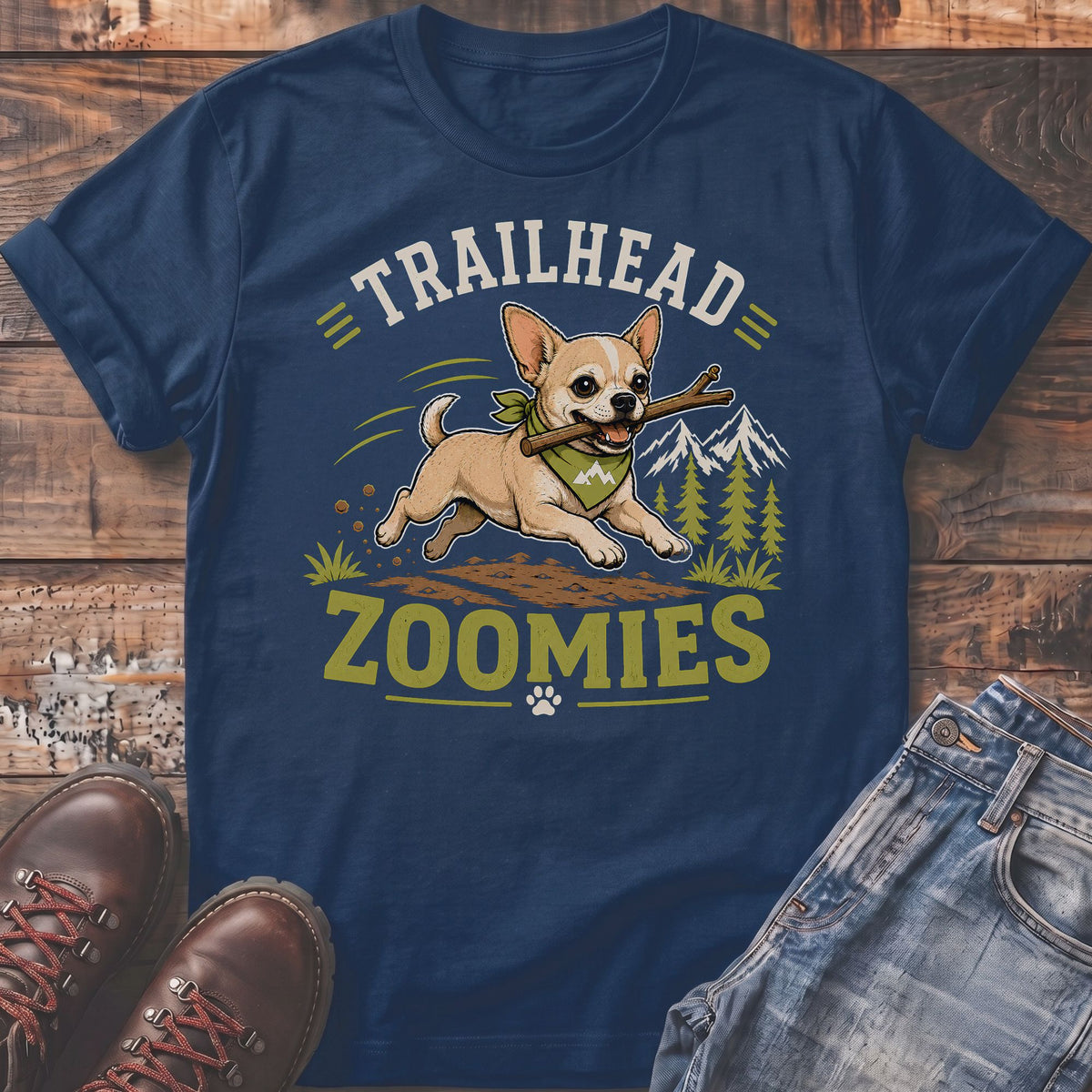 Navy t-shirt with a chihuahua wearing a bandana, running with a stick, with "Trailhead Zoomies" text.