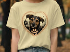 T-shirt with dog portrait inside heart, paw print, and fence with heart sign.