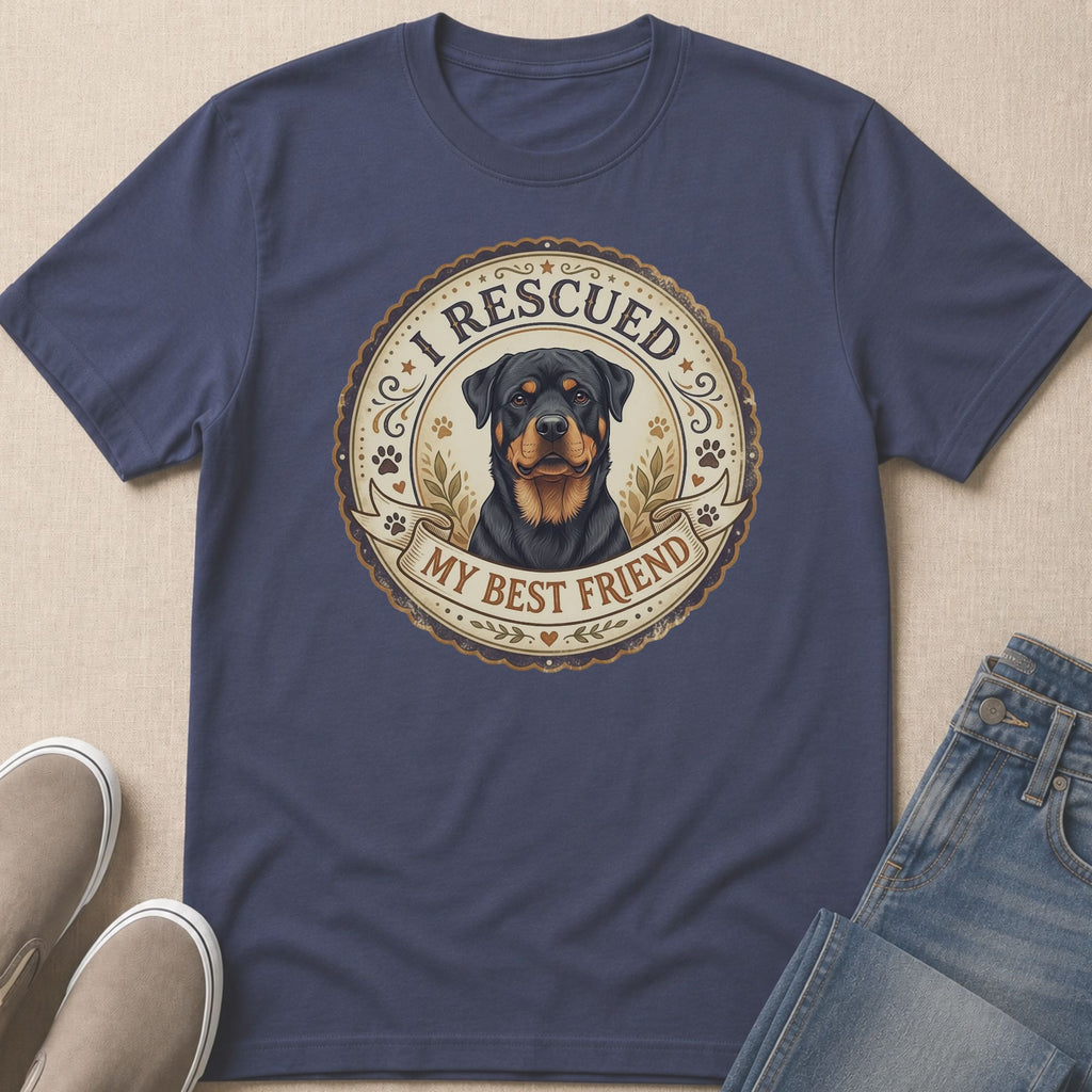 Navy t-shirt with a Rottweiler graphic and text "I RESCUED MY BEST FRIEND".
