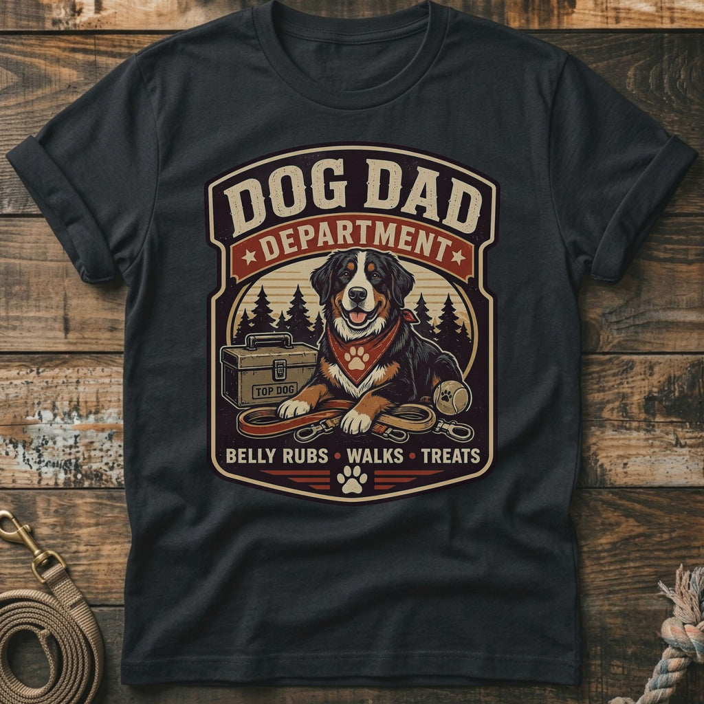 Dog Dad Department text with Bernese Mountain Dog, leash, ball, and toolbox.