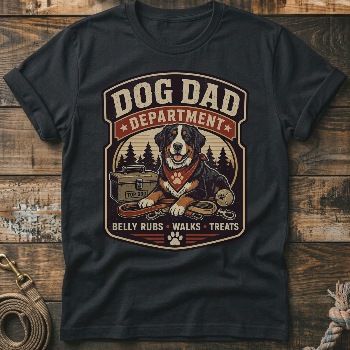 Dog Dad Department text with Bernese Mountain Dog, leash, ball, and toolbox.