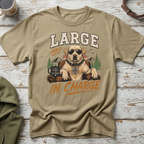 Labrador wearing sunglasses and collar with tag, with text "LARGE AND IN CHARGE".