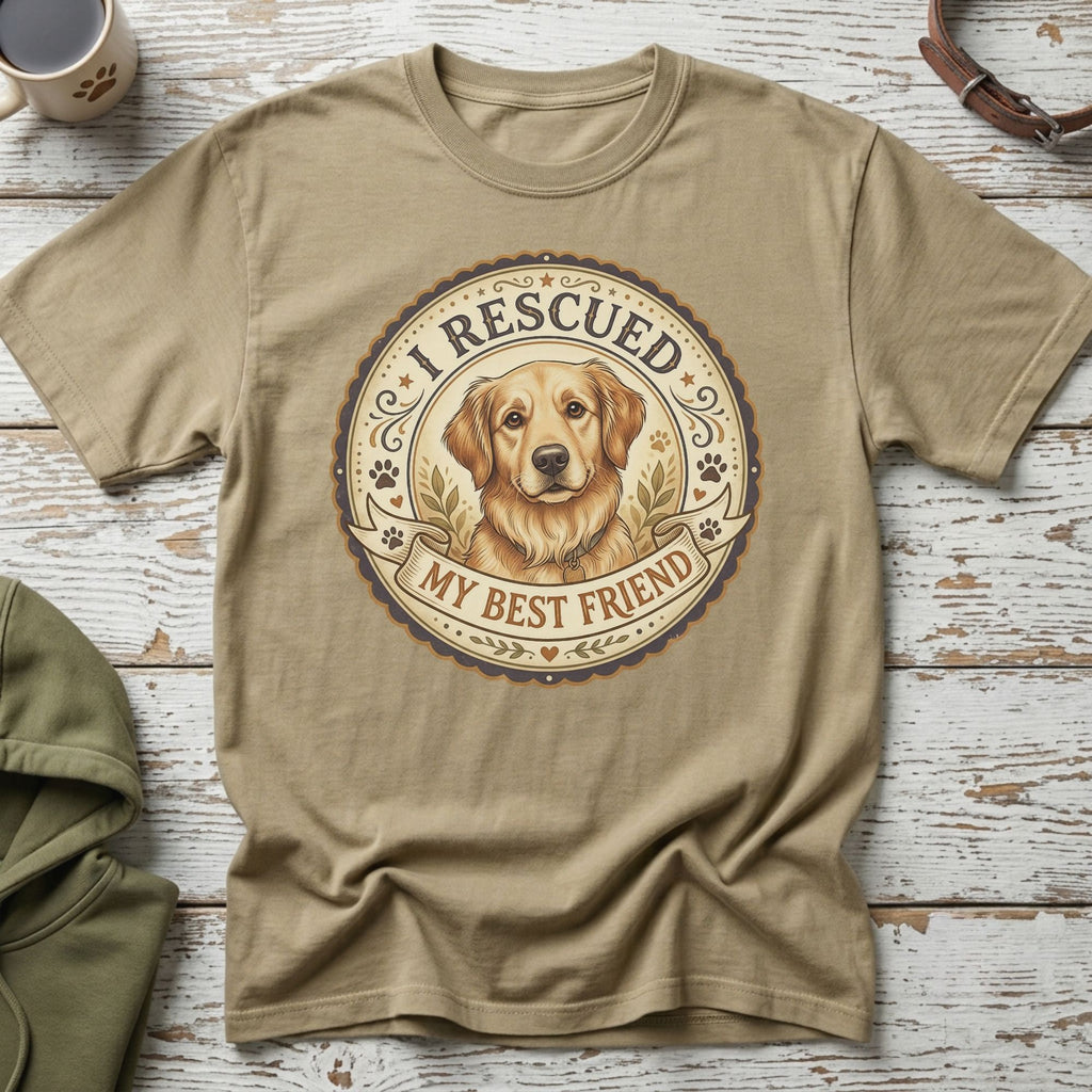 T-shirt with a Golden Retriever graphic and text "I Rescued My Best Friend".