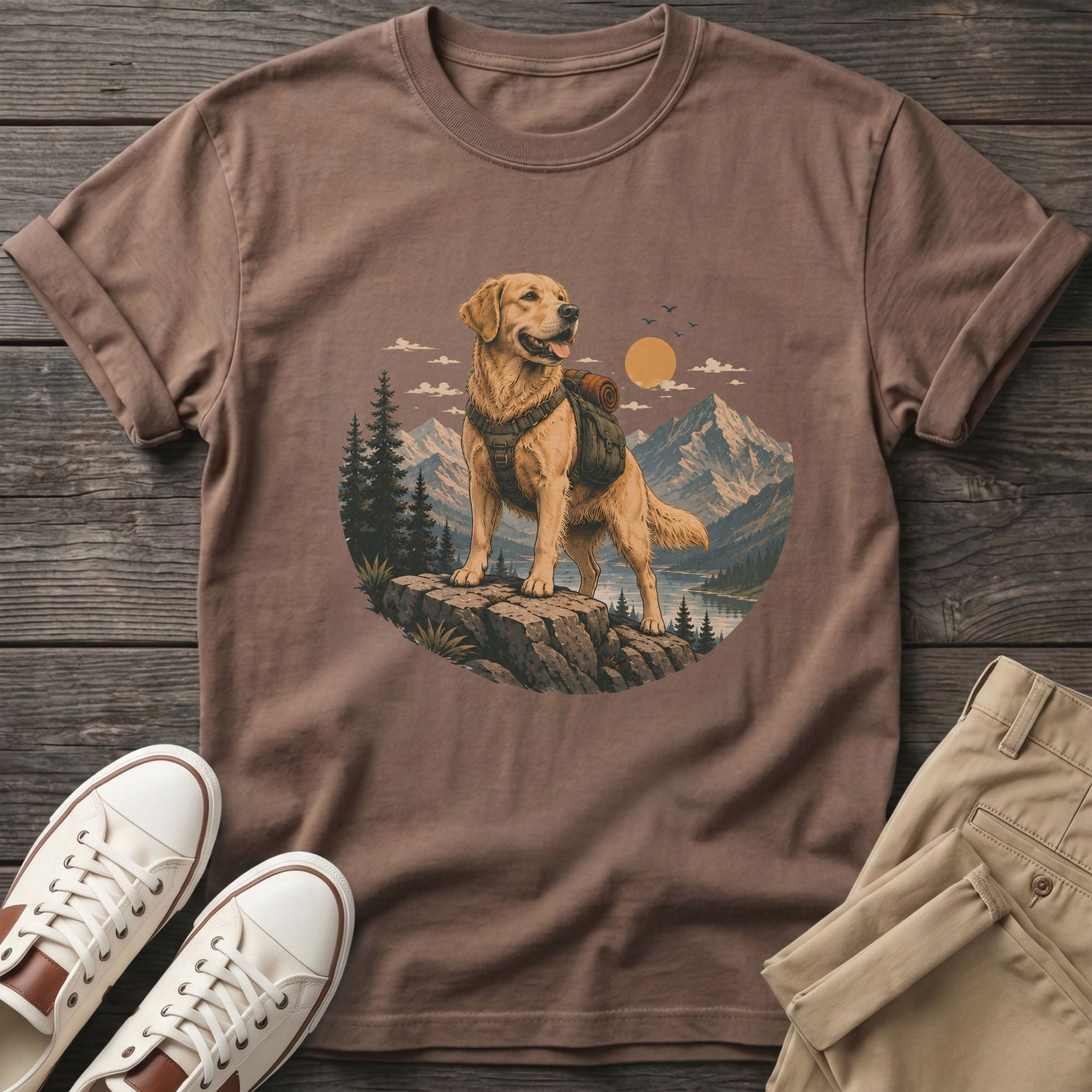 Golden retriever with backpack standing on rock in mountain landscape graphic on brown t-shirt.