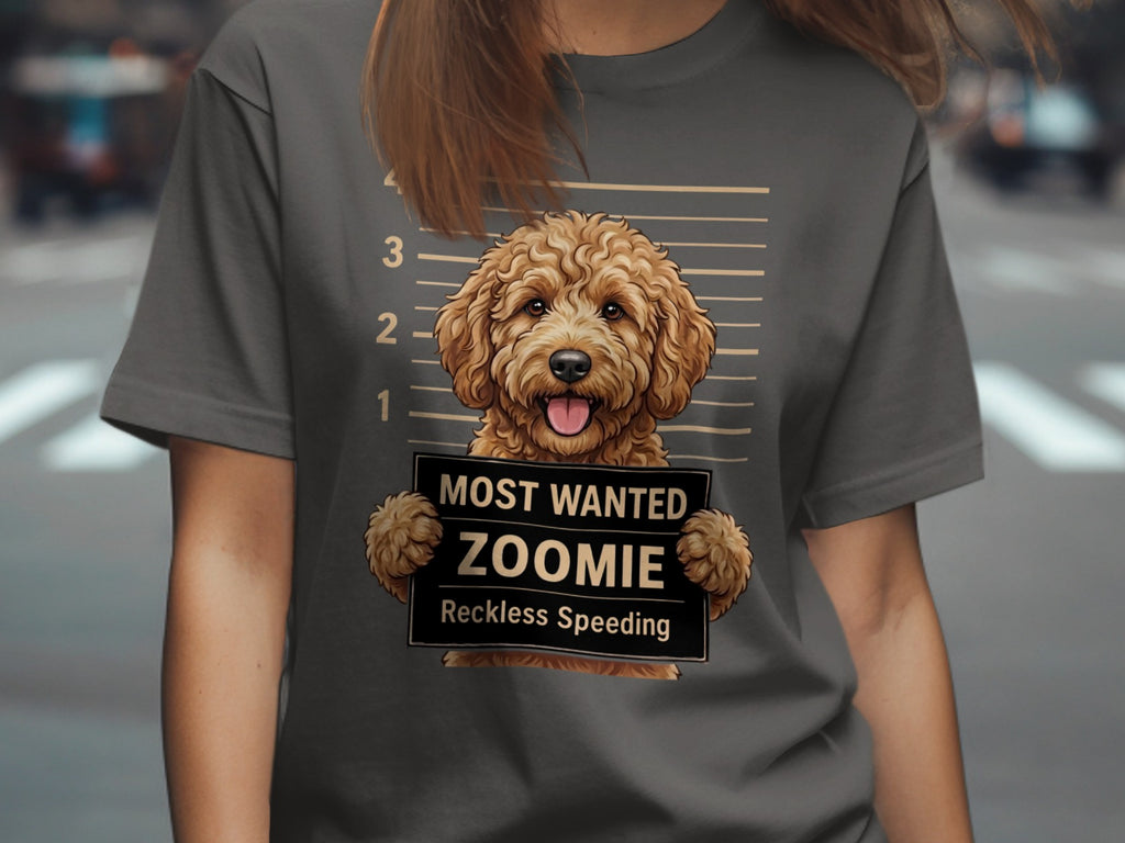 T-shirt with a doodle dog mugshot that reads "Most Wanted Zoomie Reckless Speeding."