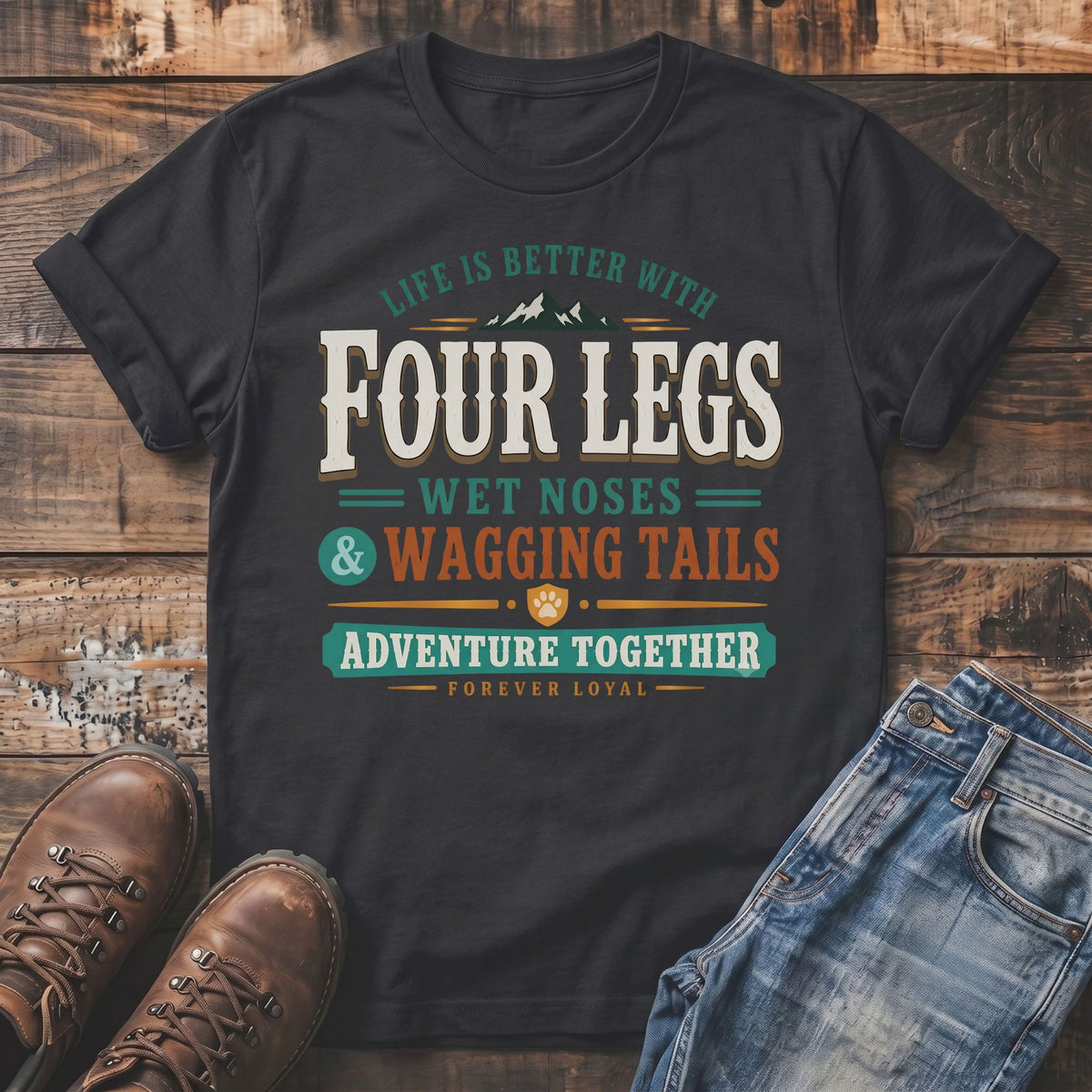 Dark t-shirt with "Life is Better with Four Legs, Wet Noses & Wagging Tails" text.