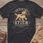 T-shirt with a labrador retriever carrying a stick, text "Official Stick Transportation - Dept -"