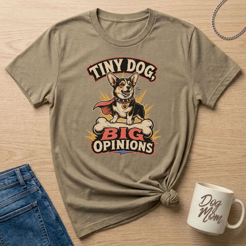 T-shirt with a corgi wearing a cape and crown sitting on a bone, text reads "Tiny Dog, Big Opinions."
