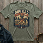 German Shepherd "Dog Dad Department" graphic tee with text: Belly Rubs, Walks, Treats.