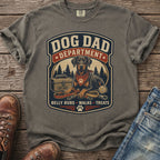 Dachshund with bandana and dog gear on gray t-shirt, reads "Dog Dad Department".