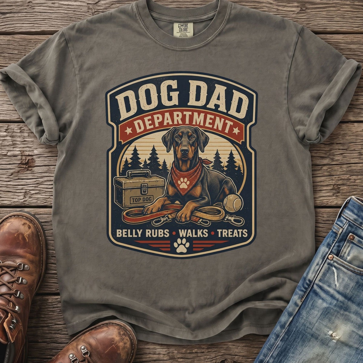 Dachshund with bandana and dog gear on gray t-shirt, reads "Dog Dad Department".