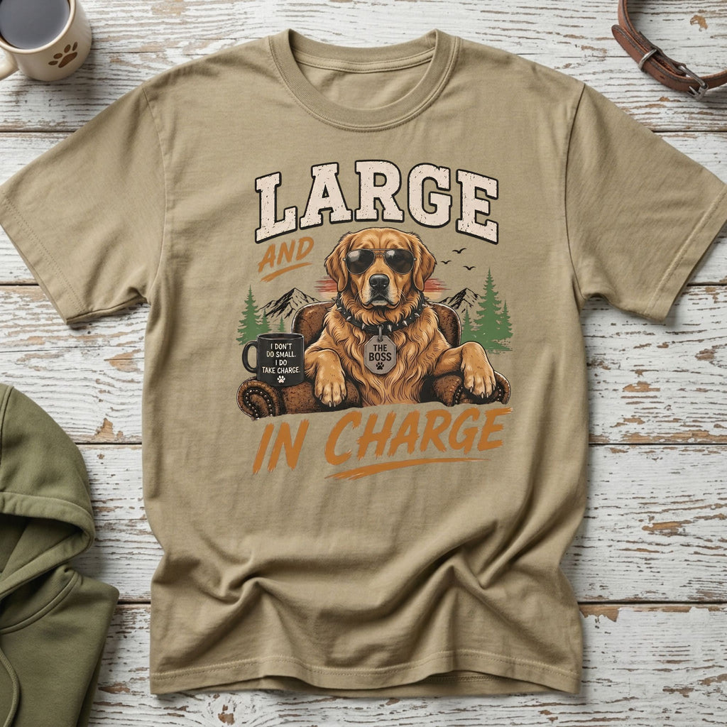 Golden retriever in sunglasses with text "LARGE AND IN CHARGE".