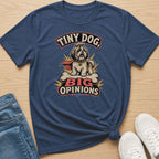 T-shirt graphic with a Shih Tzu wearing a cape and collar, sitting on a bone.