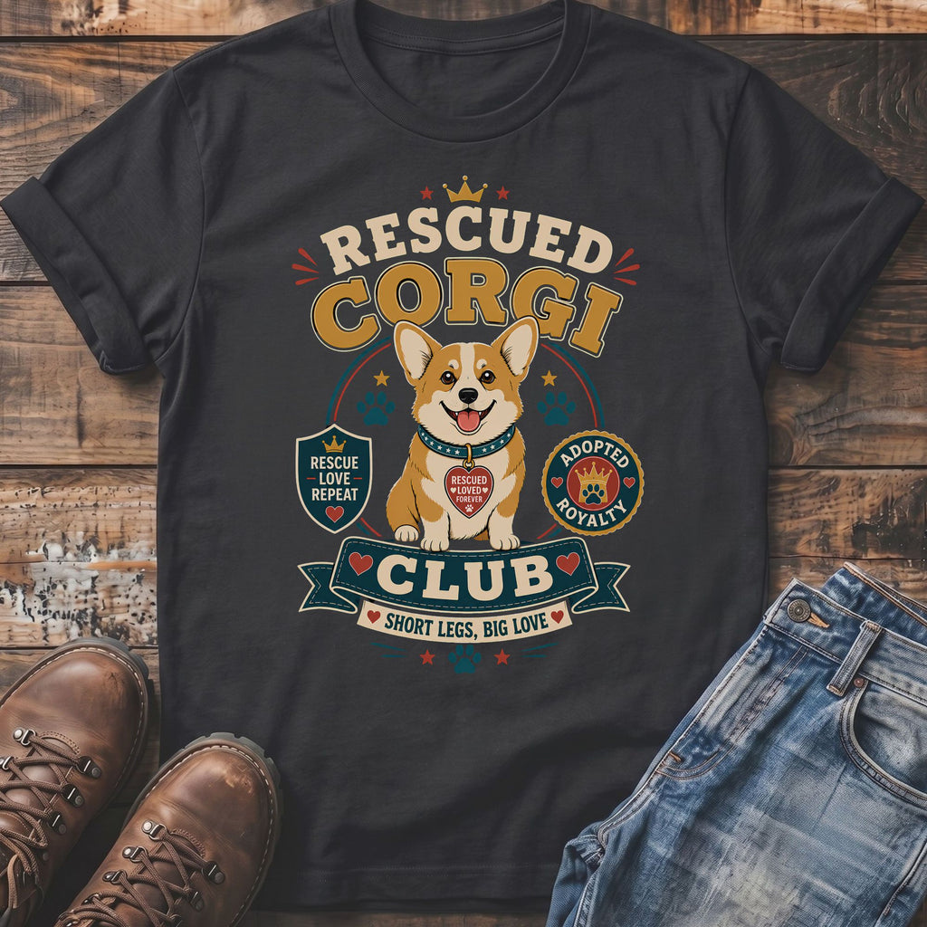 Rescued Corgi Club graphic on dark t-shirt with text and dog heart pendant.