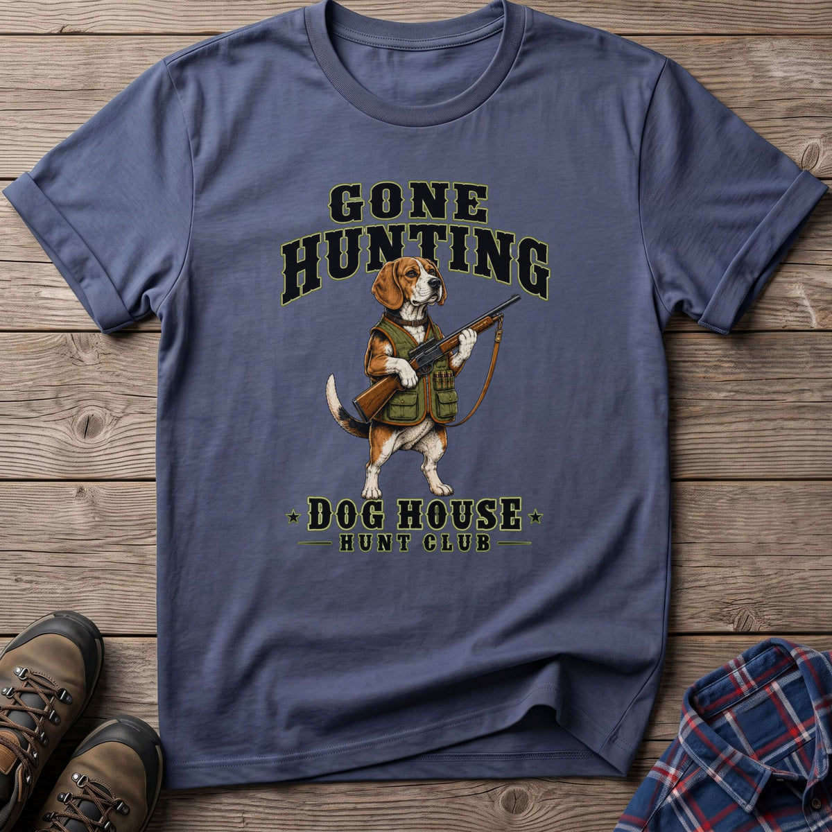 Beagle dog in hunting vest holding rifle with "Gone Hunting Dog House Hunt Club" text.