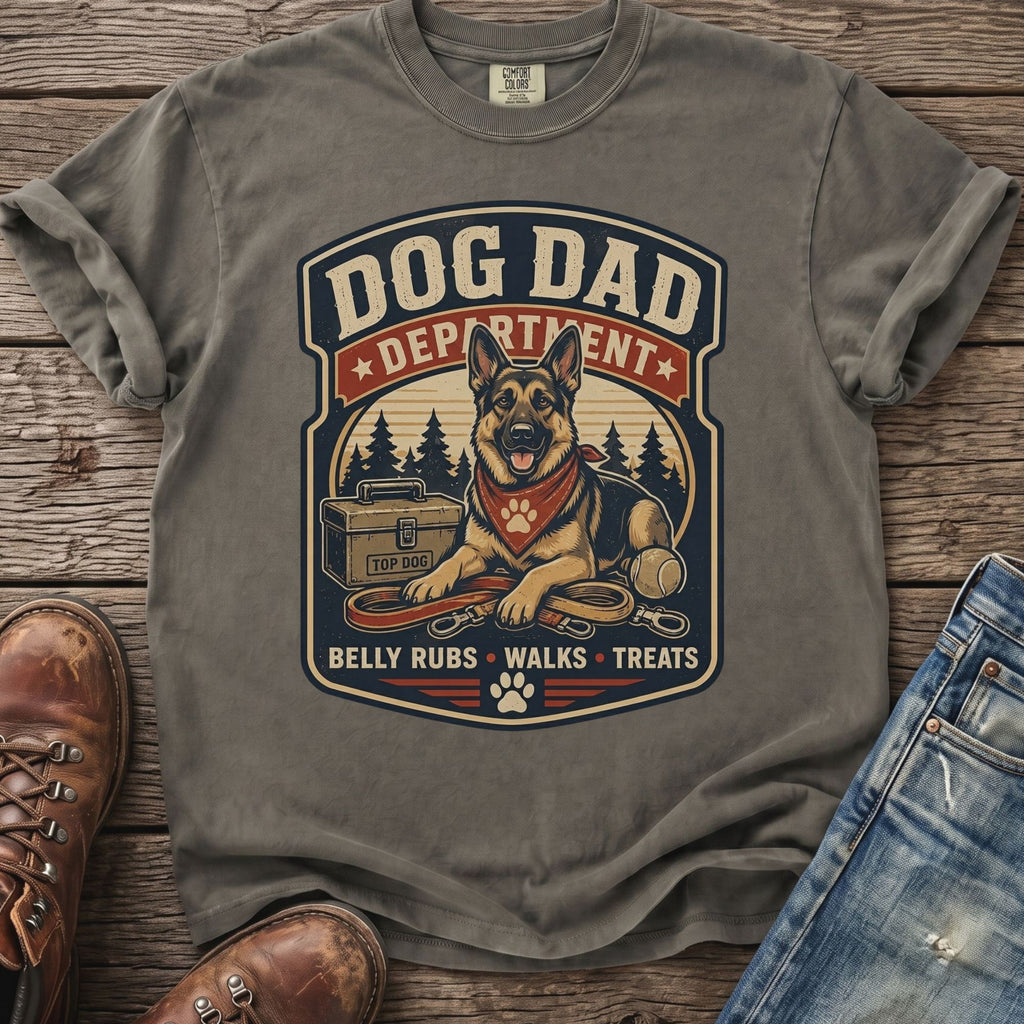 T-shirt with "Dog Dad Department" graphic, German Shepherd, and dog accessories.