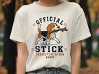 White t-shirt with beagle carrying stick text "Official Stick Transportation Dept".
