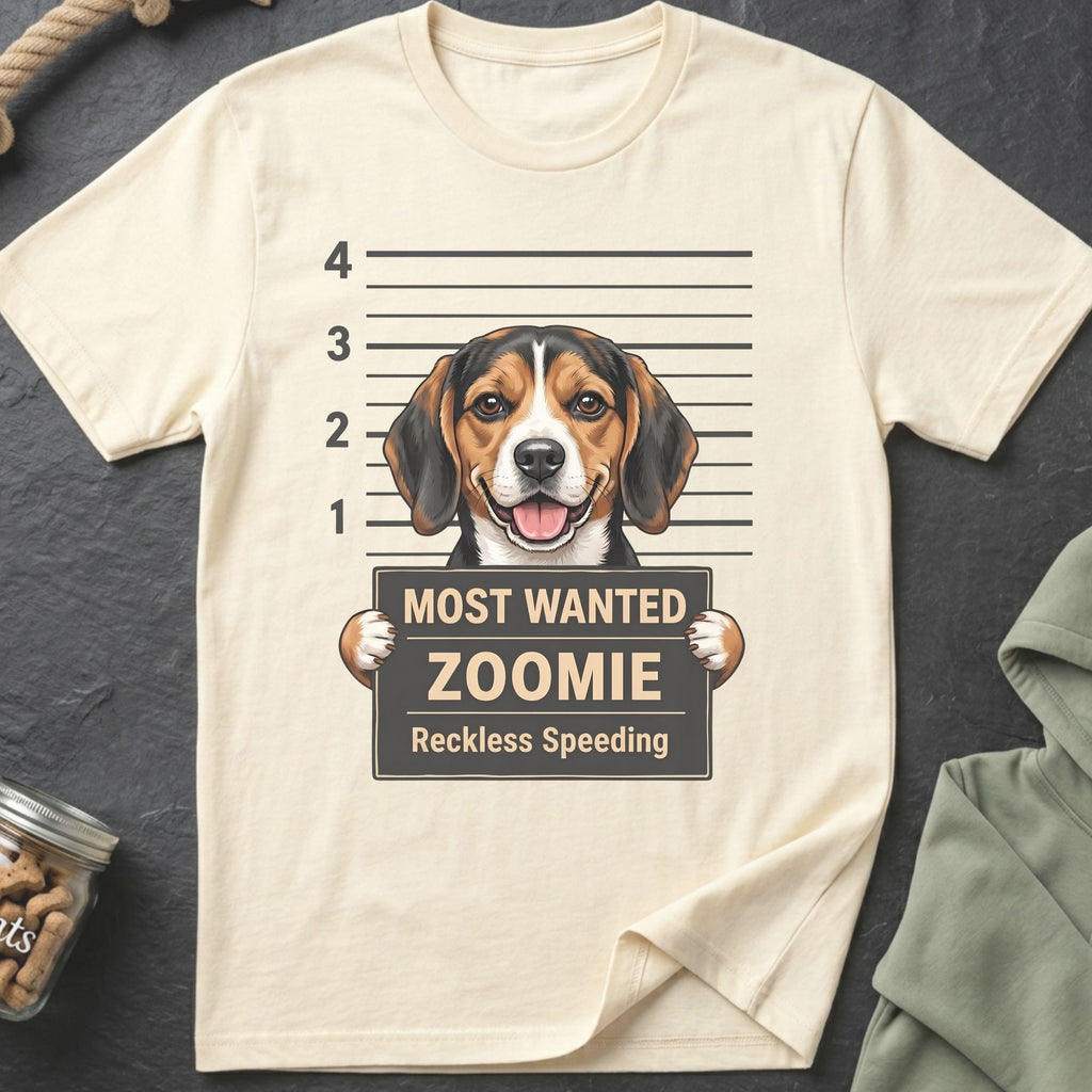 Beagle mugshot on cream t-shirt: MOST WANTED ZOOMIE, Reckless Speeding.