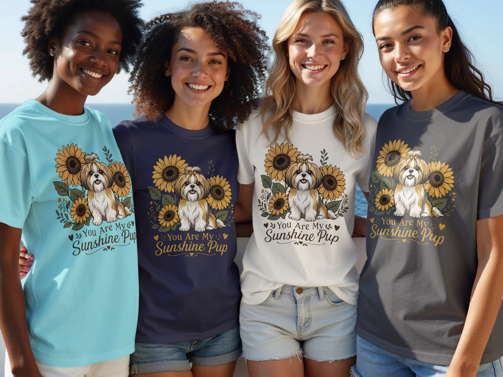 Four women wear t-shirts with a Shih Tzu and sunflowers design that reads "You Are My Sunshine Pup."