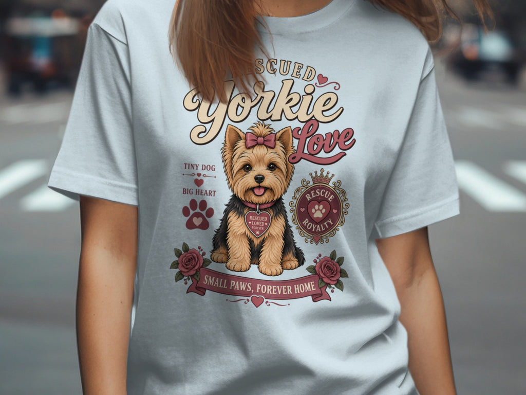 Light blue t-shirt with "Rescued Yorkie Love" graphic featuring a Yorkshire terrier.