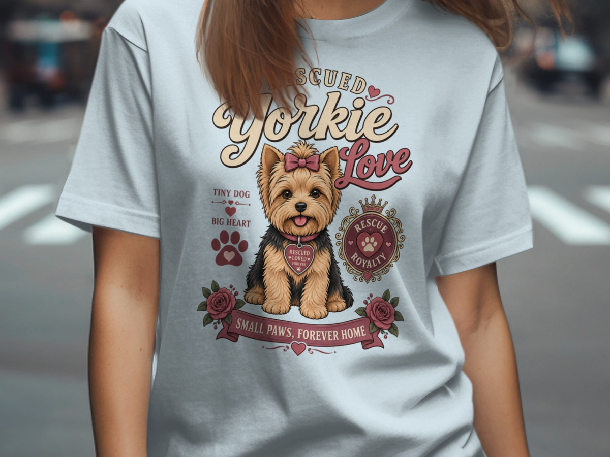 Light blue t-shirt with "Rescued Yorkie Love" graphic featuring a Yorkshire terrier.