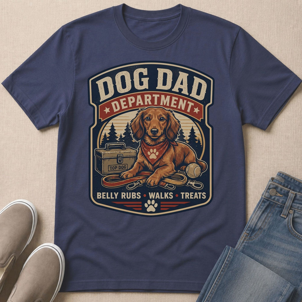 Dog Dad Department graphic with dachshund, leashes, ball, and text.