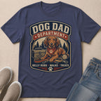 Dog Dad Department graphic with dachshund, leashes, ball, and text.