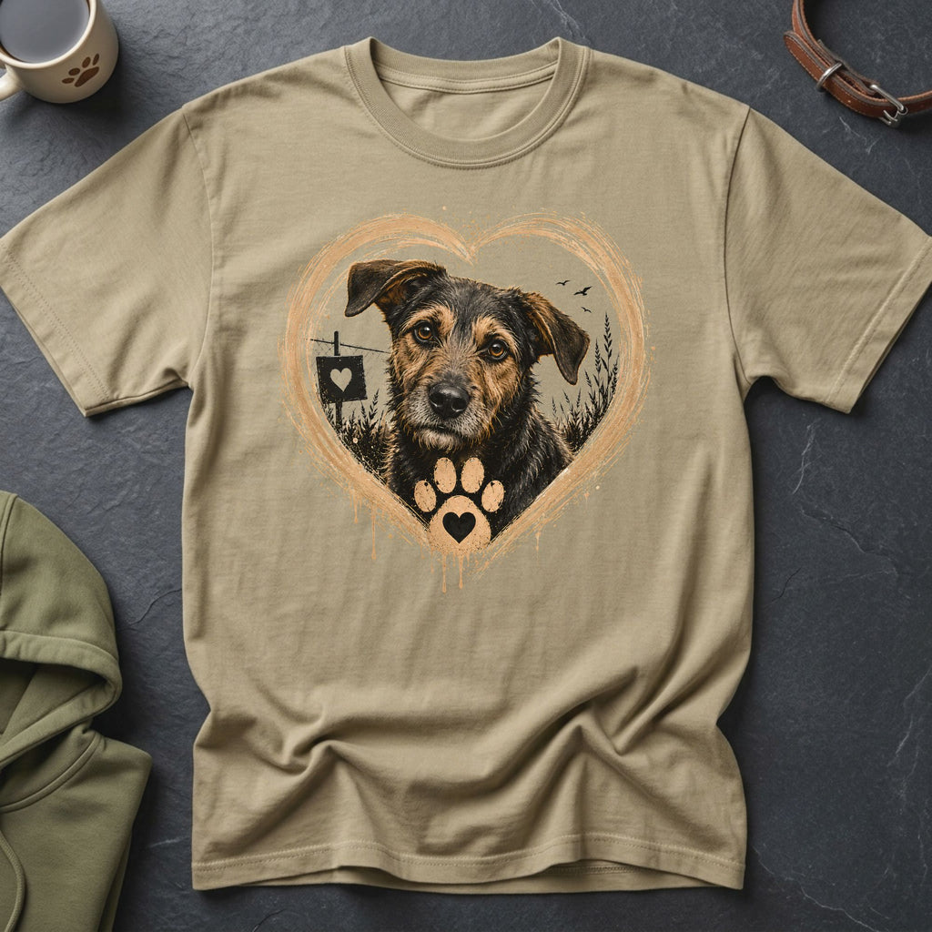 Tan t-shirt with watercolor heart design featuring a scruffy dog and paw print.