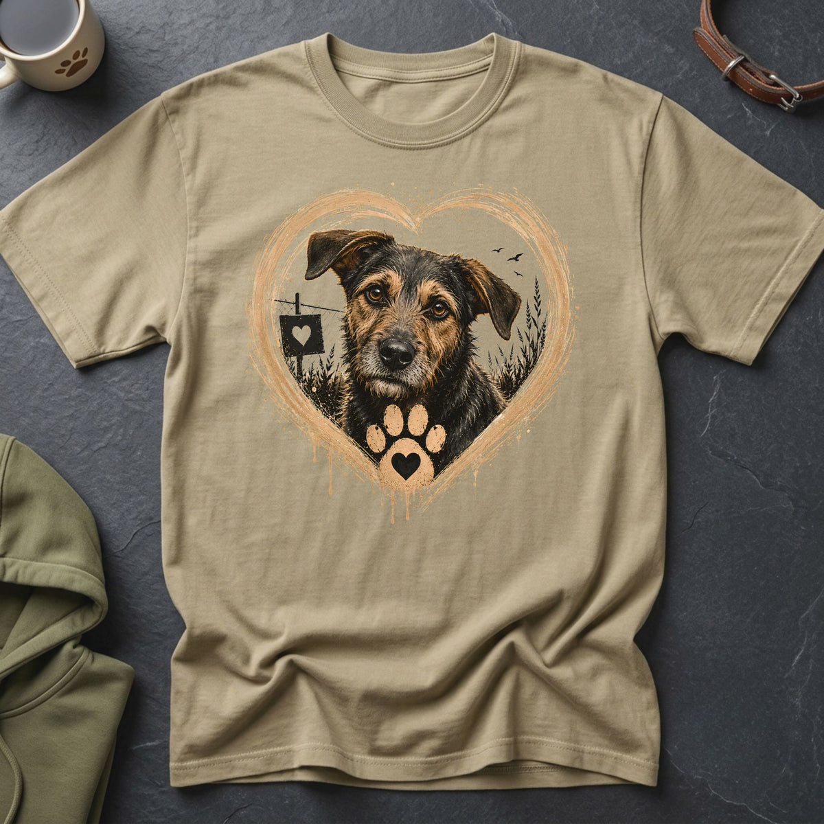Tan t-shirt with watercolor heart design featuring a scruffy dog and paw print.