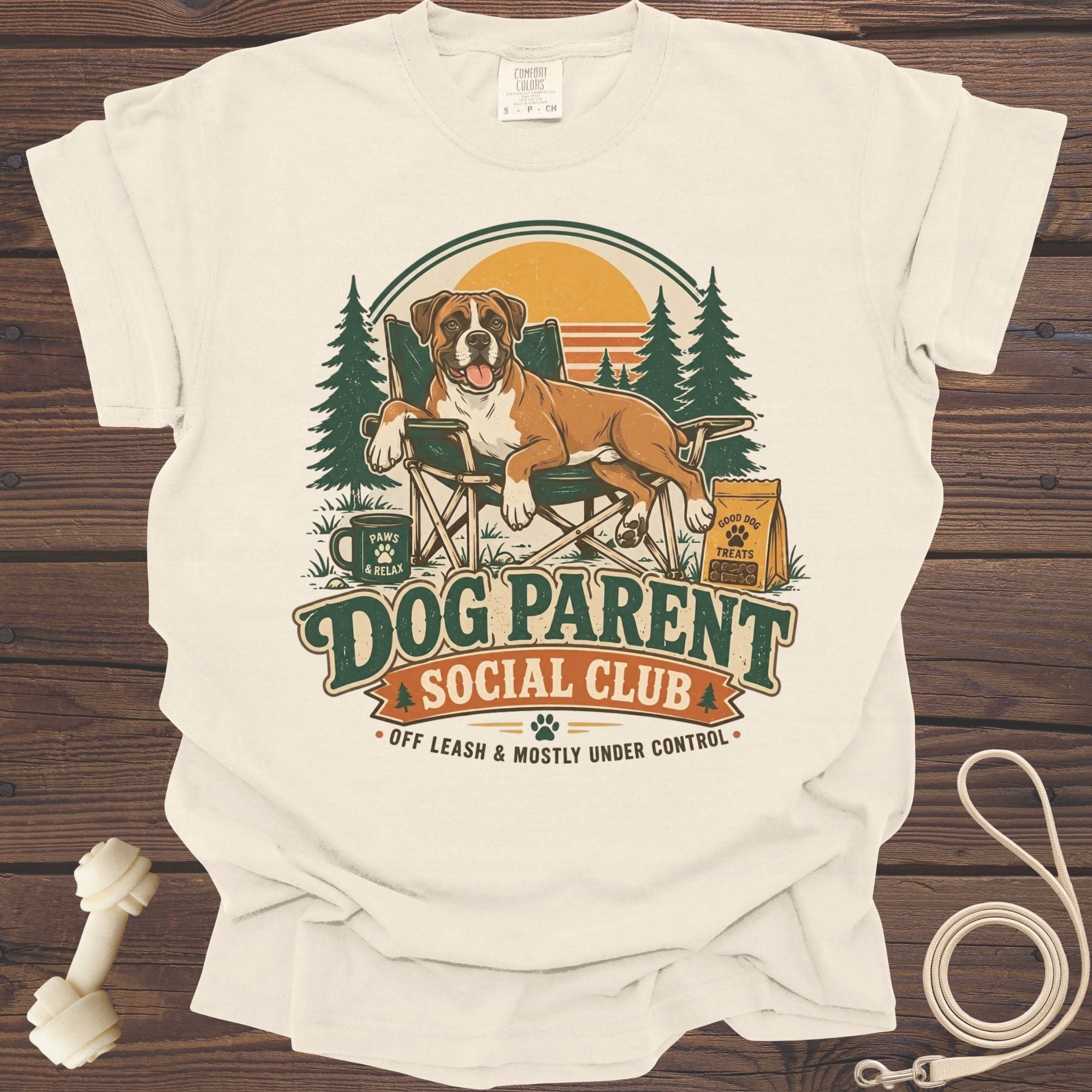 Dog Parent Social Club graphic on a cream t-shirt with a boxer dog.