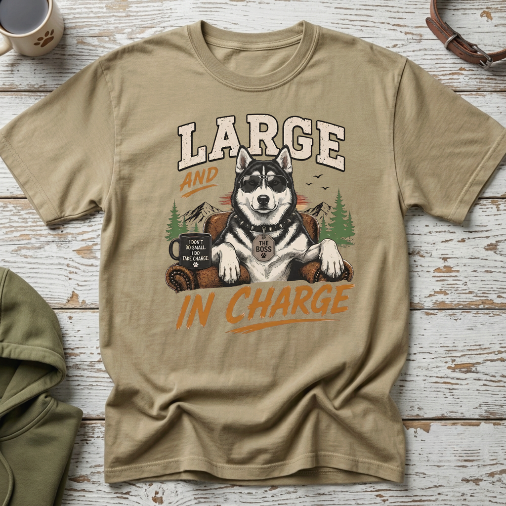 Husky wearing sunglasses and a collar sits in a chair, text reads "LARGE AND IN CHARGE."