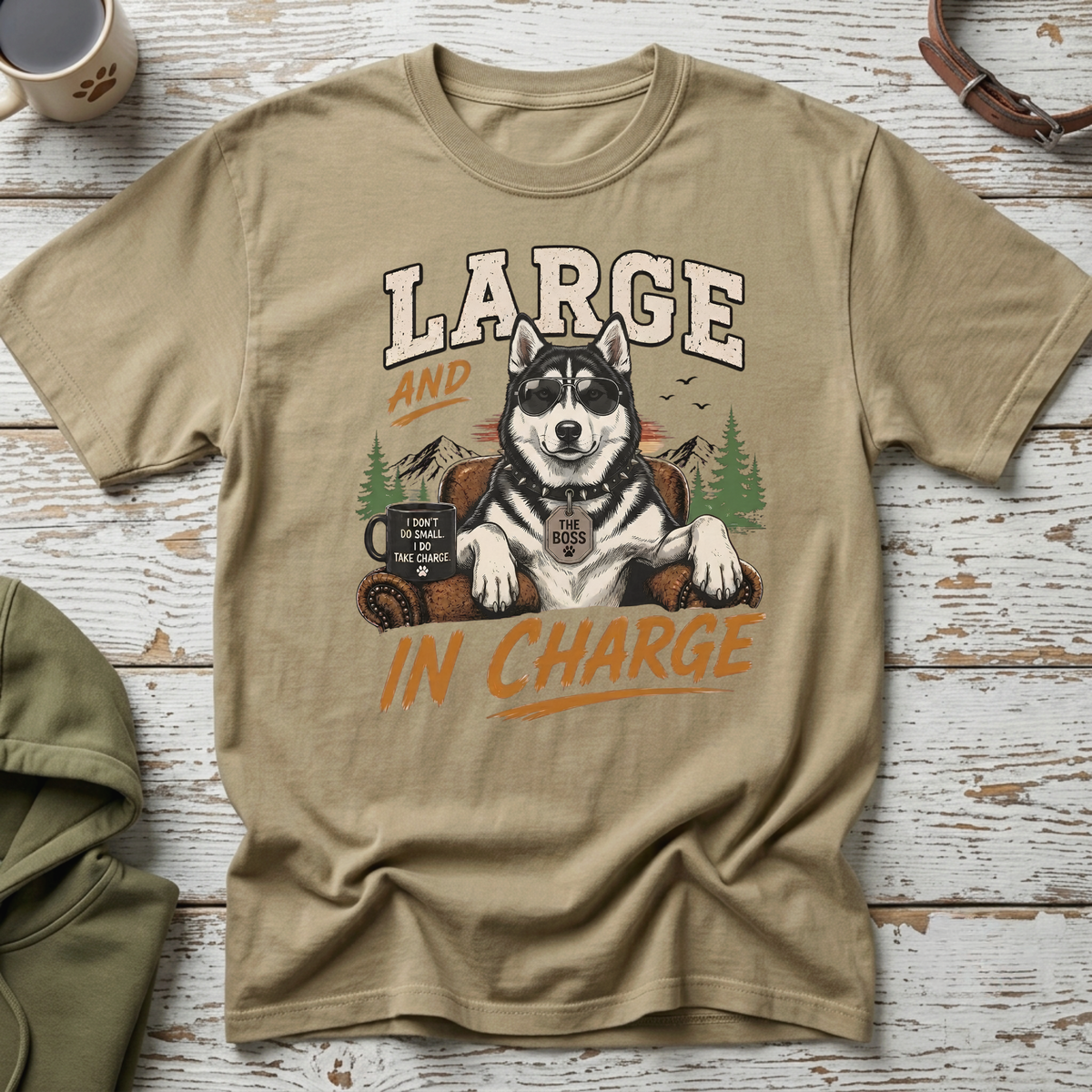 Husky wearing sunglasses and a collar sits in a chair, text reads "LARGE AND IN CHARGE."