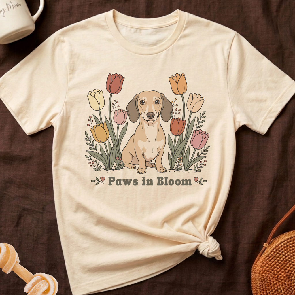 Cream t-shirt with dachshund and tulips graphic, text "Paws in Bloom".