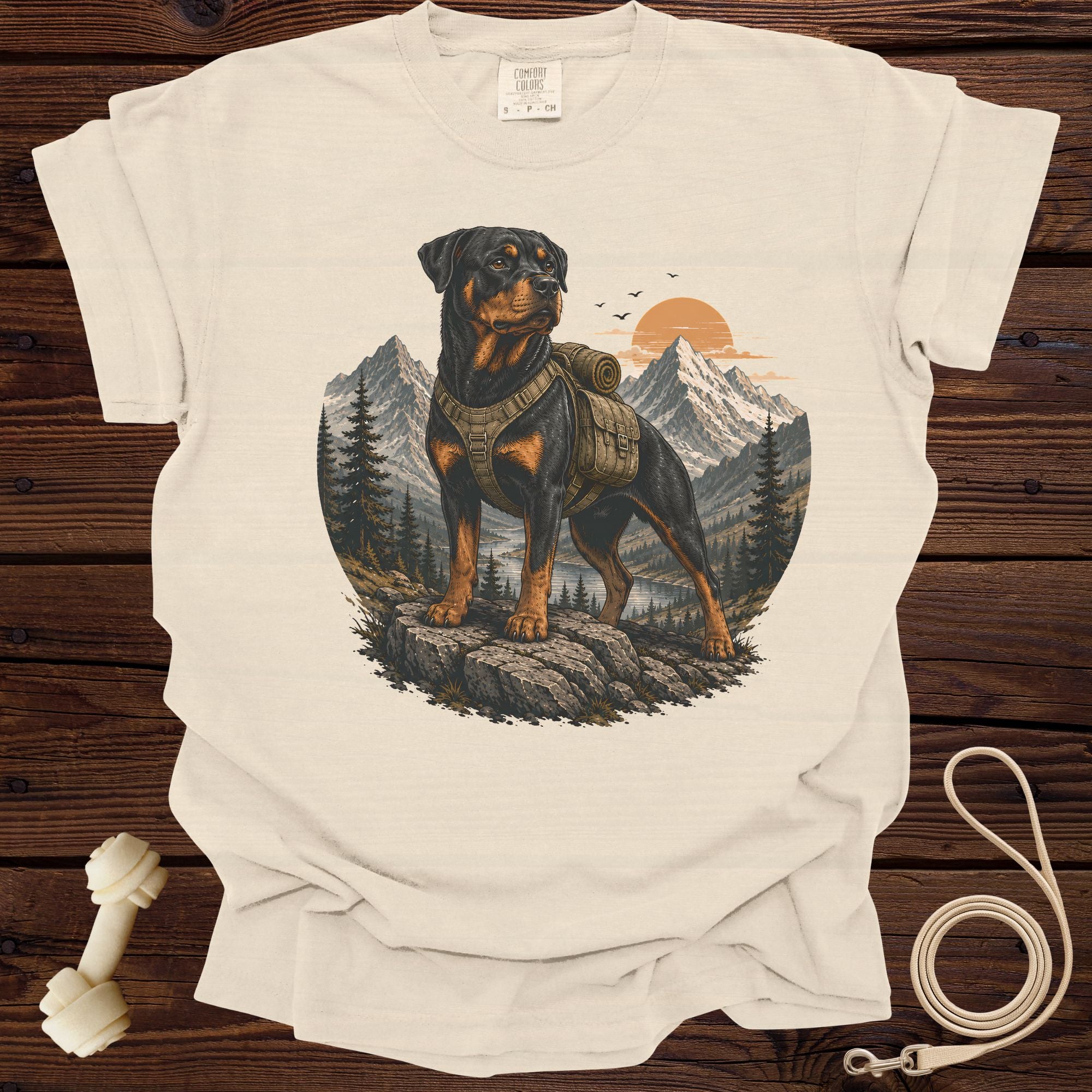 Rottweiler with backpack stands on rocks with mountains and sunset in the background.